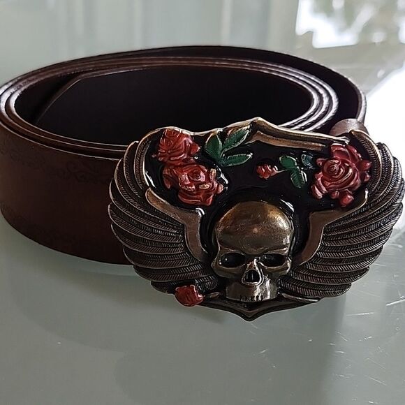 Nine West Brown Belt with Skull and Rose Winged Buckle. EUC. - Picture 2 of 7